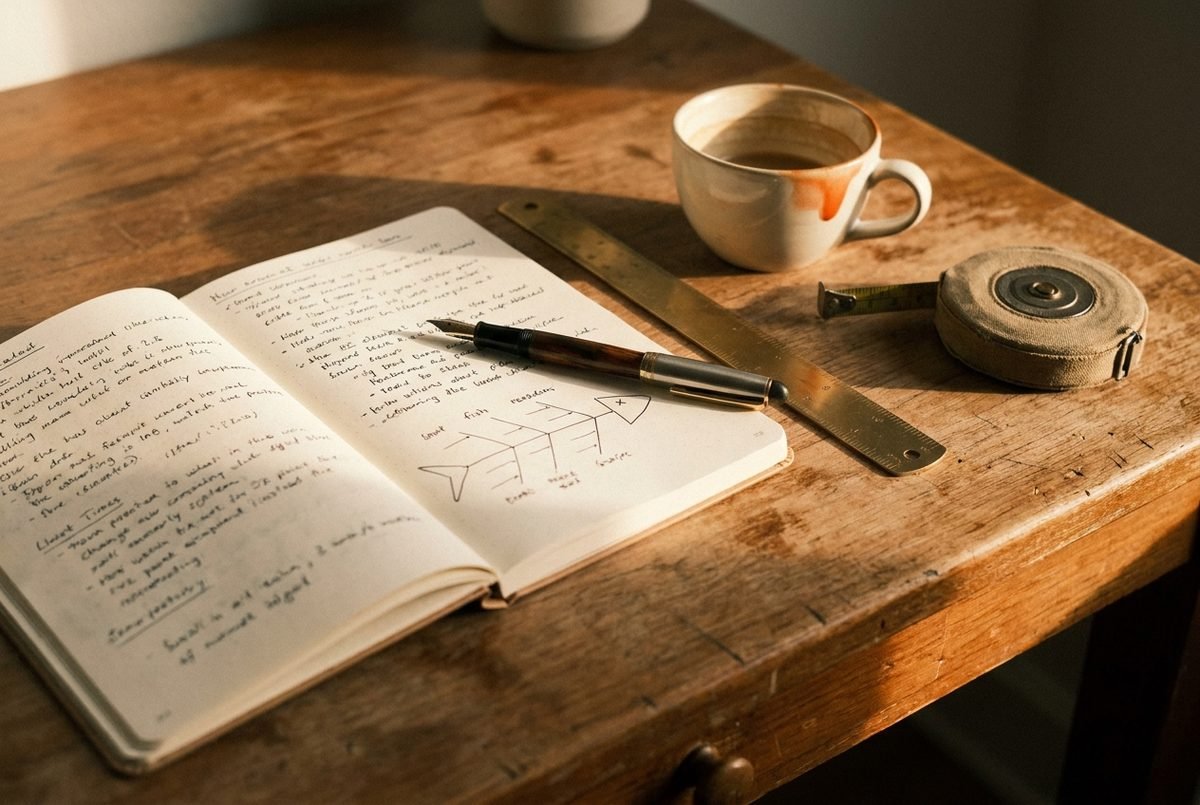 An open work notebook with handwritten notes and a fishbone diagram, resting on a wooden table.