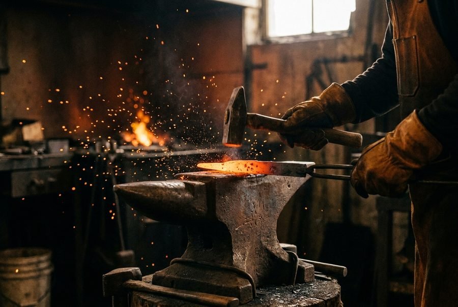 A blacksmith hammers a red-hot steel piece on an anvil.
