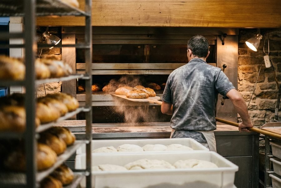 A baker loads loaves into a deck oven with a peel, flour hanging in the air.