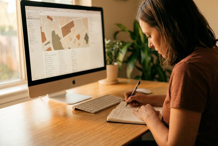 A team member annotates a notebook in front of a screen showing a map and prospect lists.