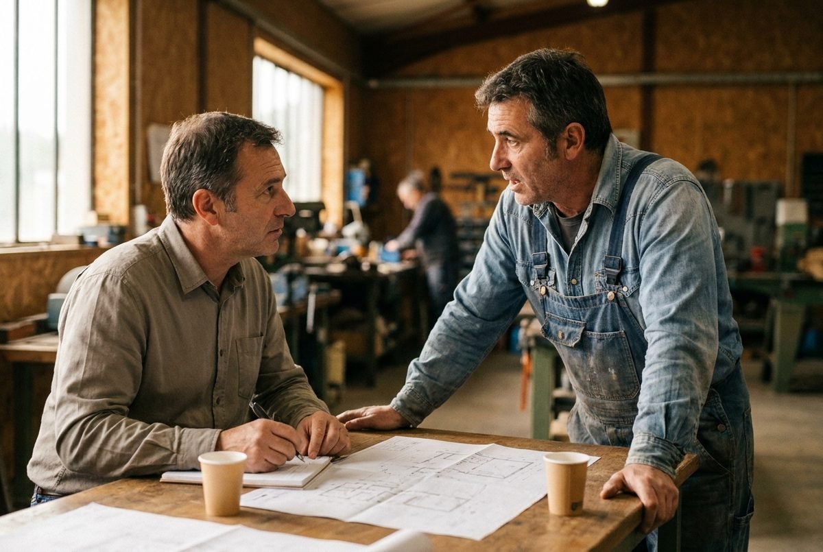 A consultant takes notes while a workshop foreman explains his day-to-day, plans spread across the table.